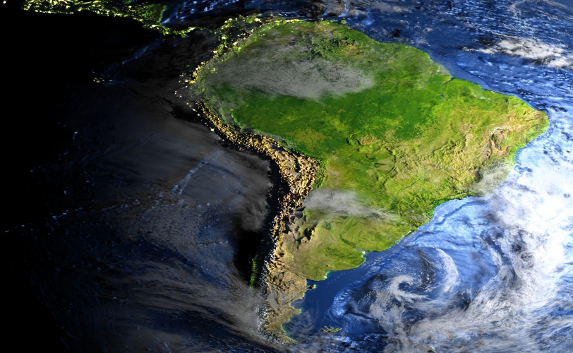 South America on 3D model of Earth. 3D illustration with plastic planet surface and ocean floor and visible city lights. Elements of this image furnished by NASA.